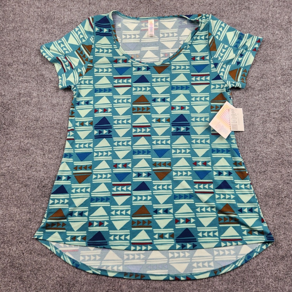 LuLaRoe Classic T Womens Small Teal Blue Geometric Tribal Print Short Sleeve Top